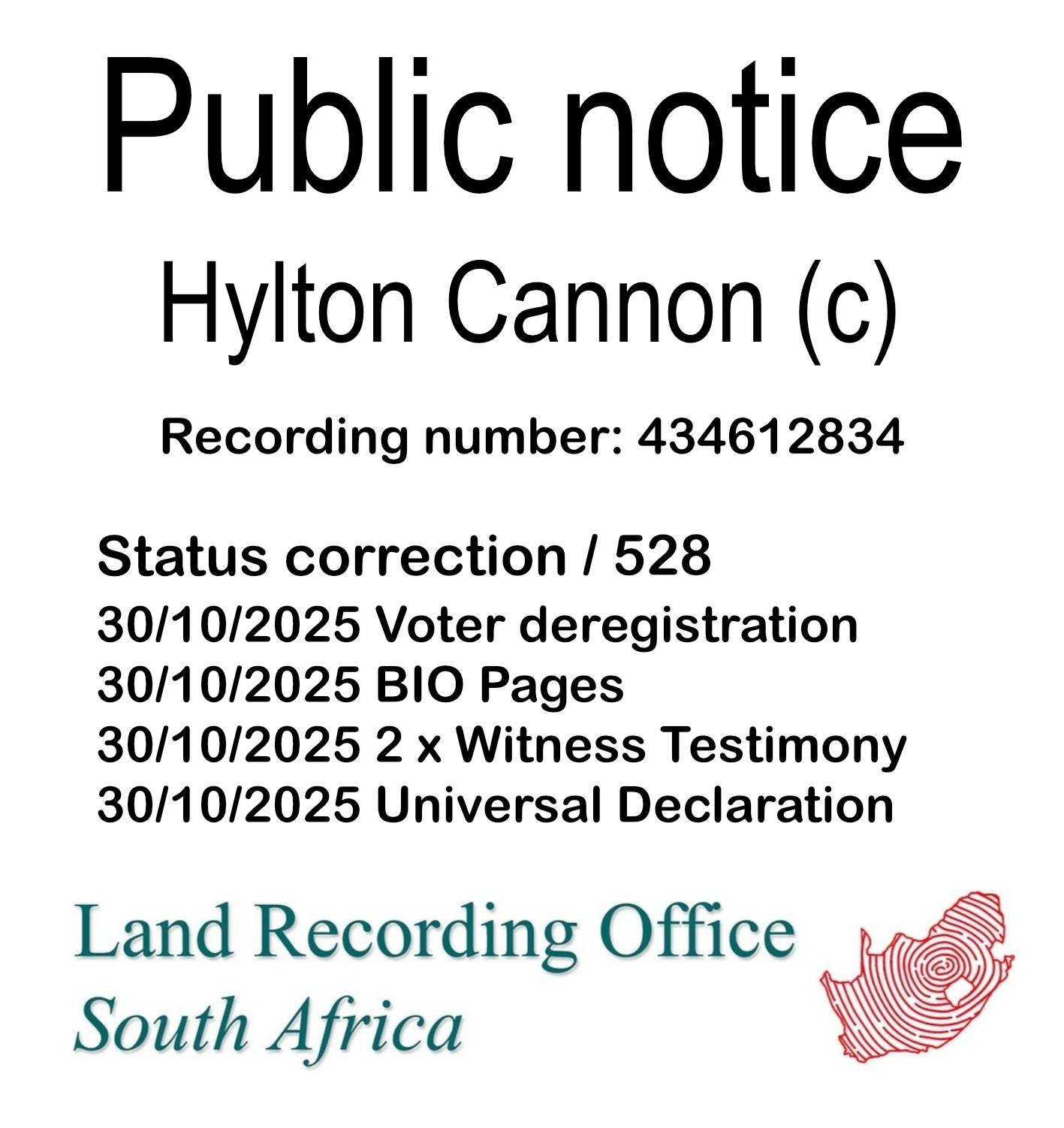Public notice Hylton Cannon Recording number 434612834